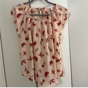 LC Lauren Conrad Cream Blouse with Red Floral Design